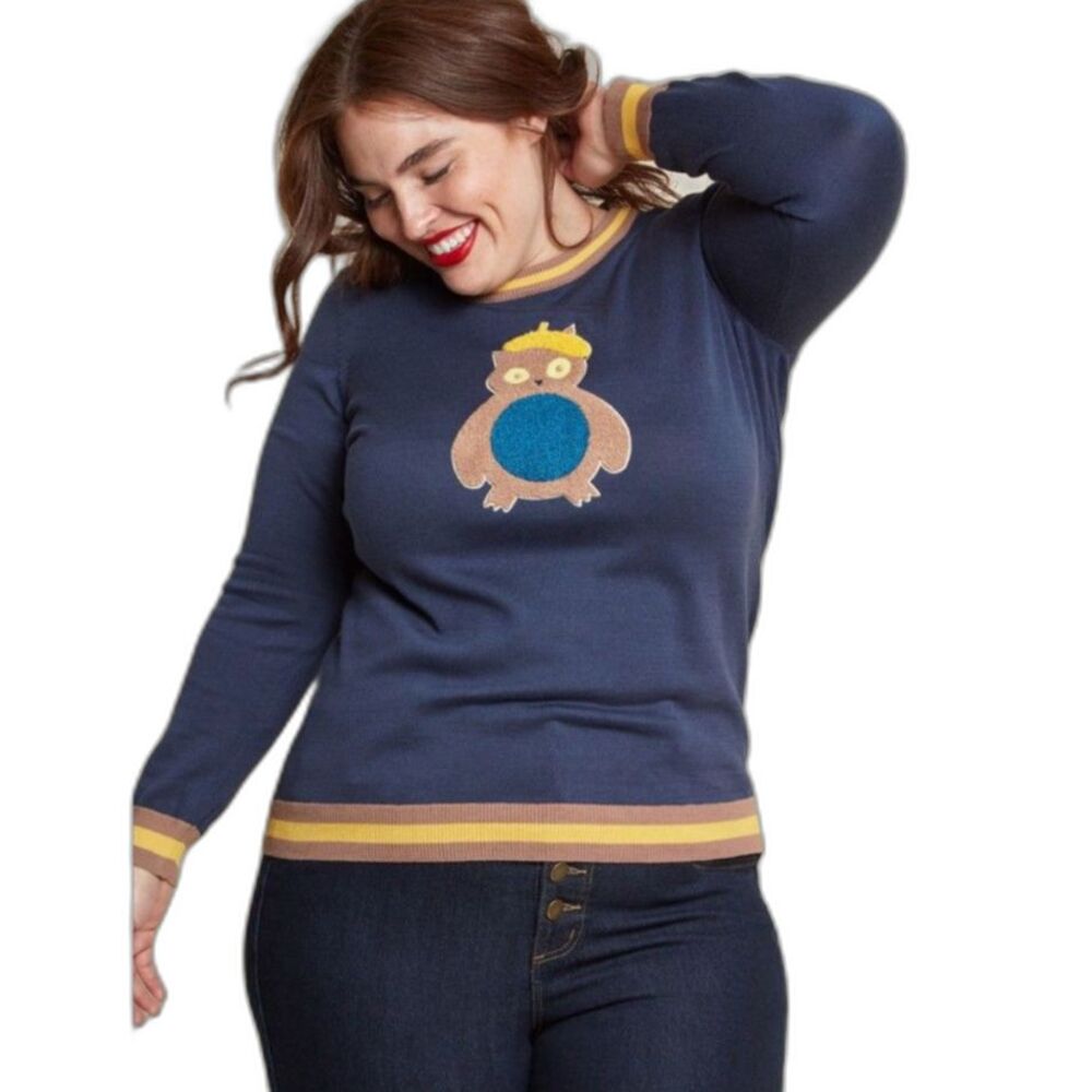 ModCloth Women's NWOT Navy Owl Embellished LS Crewneck Sweater Size XL